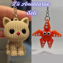 3D Atölye Maker  Krem Örgü Desenli Kedi ve Turuncu Hareketli Deniz Yıldızı Anahtarlık