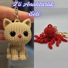 3D Atölye Maker  Krem Örgü Desenli Kedi ve Pembe Ahtapot  Anahtarlık