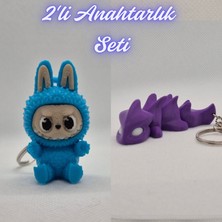 3D Atölye Maker  Açık Mavi Labubu ve Mor Esnek Ejder Anahtarlık