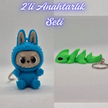 3D Atölye Maker  Açık Mavi Labubu ve Yeşil Esnek Ejder Anahtarlık