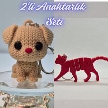 3D Atölye Maker  Krem Örgü Desenli Köpek ve Kırmızı Esnek Kedi Anahtarlık