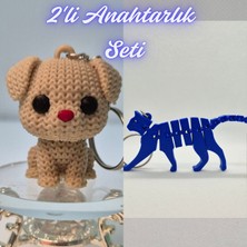 3D Atölye Maker  Krem Örgü Desenli Köpek ve Mavi Esnek Kedi Anahtarlık