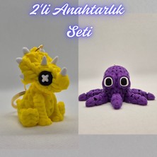 3D Atölye Maker  Sarı Örgü Desen Triceratops ve Mor Örgü Desen Ahtapot Anahtarlık