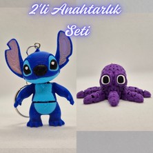3D Atölye Maker Mavi Esnek Stitch ve Mor Örgü Desen Ahtapot Anahtarlık