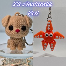 3D Atölye Maker  Krem Örgü Desenli Köpek ve Turuncu Hareketli Deniz Yıldızı Anahtarlık