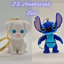 3D Atölye Maker  Beyaz Örgü Desen Köpek-2 ve Mavi Esnek Stitch Anahtarlık