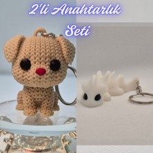 3D Atölye Maker  Krem Örgü Desenli Köpek ve Beyaz Esnek Ejder Anahtarlık