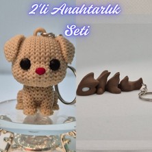 3D Atölye Maker  Krem Örgü Desenli Köpek ve Koyu Kahverengi Esnek Ejder Anahtarlık