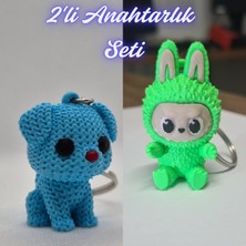 3D Atölye Maker Açık Mavi Örgü Desenli Köpek ve Yeşil Labubu Anahtarlık