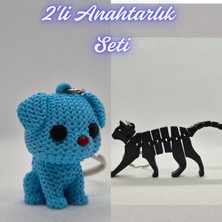 3D Atölye Maker  Açık Mavi Örgü Desenli Köpek ve Siyah Esnek Kedi Anahtarlık
