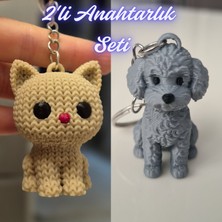 3D Atölye Maker  Krem Örgü Desenli Kedi ve Gümüş Poddle Köpek Anahtarlık