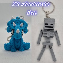 3D Atölye Maker  Açık Mavi Örgü Desen Triceratops ve Gümüş MineCraft Skeleton Anahtarlık