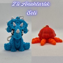 3D Atölye Maker  Açık Mavi Örgü Desen Triceratops ve Turuncu Hareketli Deniz Anası Anahtarlık