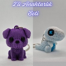 3D Atölye Maker Mor Örgü Desenli Köpek ve Beyaz Örgü Desen Hareketli Dino Anahtarlık