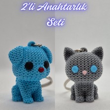 3D Atölye Maker  Açık Mavi Örgü Desenli Köpek ve Gümüş Örgü Desenli Kedi Anahtarlık