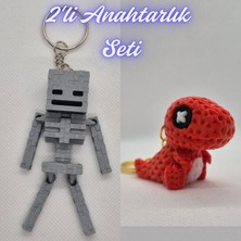 3D Atölye Maker  Gümüş MineCraft Skeleton ve Kırmızı Örgü Desen Hareketli Dino Anahtarlık
