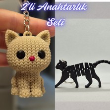 3D Atölye Maker  Krem Örgü Desenli Kedi ve Siyah Esnek Kedi Anahtarlık