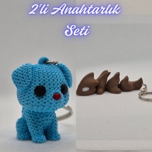 3D Atölye Maker  Açık Mavi Örgü Desenli Köpek ve Koyu Kahverengi Esnek Ejder Anahtarlık