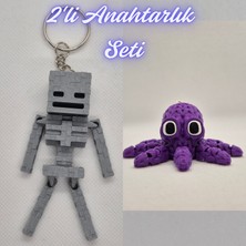 3D Atölye Maker  Gümüş MineCraft Skeleton ve Mor Örgü Desen Ahtapot Anahtarlık