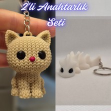 3D Atölye Maker  Krem Örgü Desenli Kedi ve Beyaz Esnek Ejder Anahtarlık