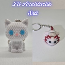 3D Atölye Maker  Beyaz Örgü Desenli Kedi ve Açık Pembe Esnek Axolot Anahtarlık