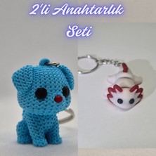 3D Atölye Maker  Açık Mavi Örgü Desenli Köpek ve Açık Pembe Esnek Axolot Anahtarlık