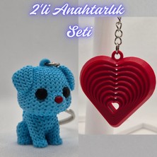 3D Atölye Maker  Açık Mavi Örgü Desenli Köpek ve Kırmızı Hareketli Kalp Anahtarlık