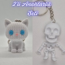 3D Atölye Maker  Beyaz Örgü Desenli Kedi ve Beyaz Esnek Yunus Anahtarlık