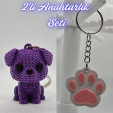 3D Atölye Maker  Mor Örgü Desenli Köpek ve Açık Pembe Kedi Patisi Anahtarlık