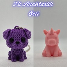 3D Atölye Maker  Mor Örgü Desenli Köpek ve Açık Pembe Unicorn Anahtarlık