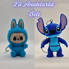 3D Atölye Maker  Açık Mavi Labubu ve Mavi Esnek Stitch Anahtarlık