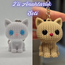 3D Atölye Maker  Beyaz Örgü Desenli Kedi ve Krem Örgü Desenli Kedi Anahtarlık
