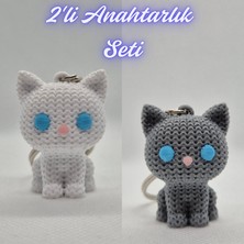 3D Atölye Maker Beyaz Örgü Desenli Kedi ve Gümüş Örgü Desenli Kedi Anahtarlık