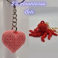 3D Atölye Maker  Açık Pembe Örgü Desenli Kalp ve Pembe Ahtapot  Anahtarlık