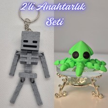 3D Atölye Maker  Gümüş MineCraft Skeleton ve Açık Yeşil Kalamar Anahtarlık