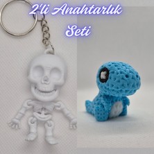 3D Atölye Maker  Beyaz Esnek Yunus ve Açık Mavi Örgü Desen Hareketli Dino Anahtarlık
