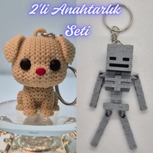 3D Atölye Maker  Krem Örgü Desenli Köpek ve Gümüş MineCraft Skeleton Anahtarlık