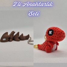 3D Atölye Maker  Koyu Kahverengi Esnek Ejder ve Kırmızı Örgü Desen Hareketli Dino Anahtarlık