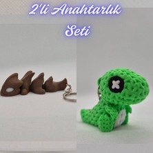 3D Atölye Maker  Koyu Kahverengi Esnek Ejder ve Yeşil Örgü Desen Hareketli Dino Anahtarlık