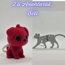 3D Atölye Maker  Kırmızı Örgü Desenli Köpek ve Gümüş Esnek Kedi Anahtarlık