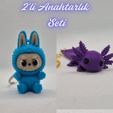 3D Atölye Maker  Açık Mavi Labubu ve Mor Esnek Büyük Axolot Anahtarlık