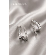 Stainless Steel Pirinç Gümüş Renk Zirkon Taşlı Küpe