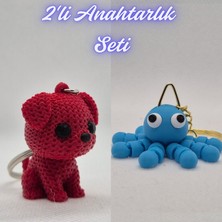 3D Atölye Maker  Kırmızı Örgü Desenli Köpek ve Açık Mavi Şaşkın Ahtapot Anahtarlık