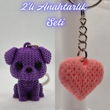 3D Atölye Maker Mor Örgü Desenli Köpek ve Açık Pembe Örgü Desenli Kalp Anahtarlık