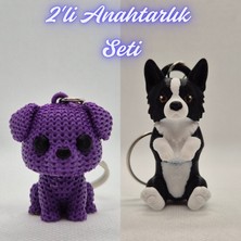 3D Atölye Maker  Mor Örgü Desenli Köpek ve Siyah Border Esnek Köpek Anahtarlık