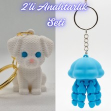 3D Atölye Maker  Beyaz Örgü Desen Köpek-2 ve Açık Mavi Hareketli Deniz Anası Anahtarlık