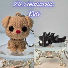 3D Atölye Maker  Krem Örgü Desenli Köpek ve Siyah Esnek Ejder Anahtarlık
