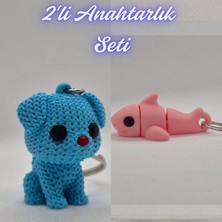 3D Atölye Maker  Açık Mavi Örgü Desenli Köpek ve Açık Pembe Esnek Köpek Balığı Anahtarlık