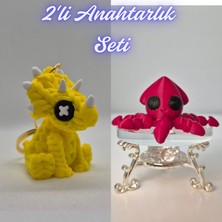 3D Atölye Maker  Sarı Örgü Desen Triceratops ve Kırmızı Kalamar Anahtarlık