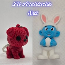 3D Atölye Maker  Kırmızı Örgü Desenli Köpek ve Şirinler Anahtarlık